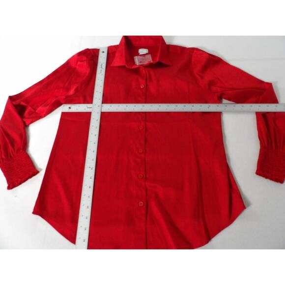 Chicos 0 Sz 4 Satin Blouse Red Solid Smocked Cuff Blouse Wild Poppy Button Up - Picture 11 of 14